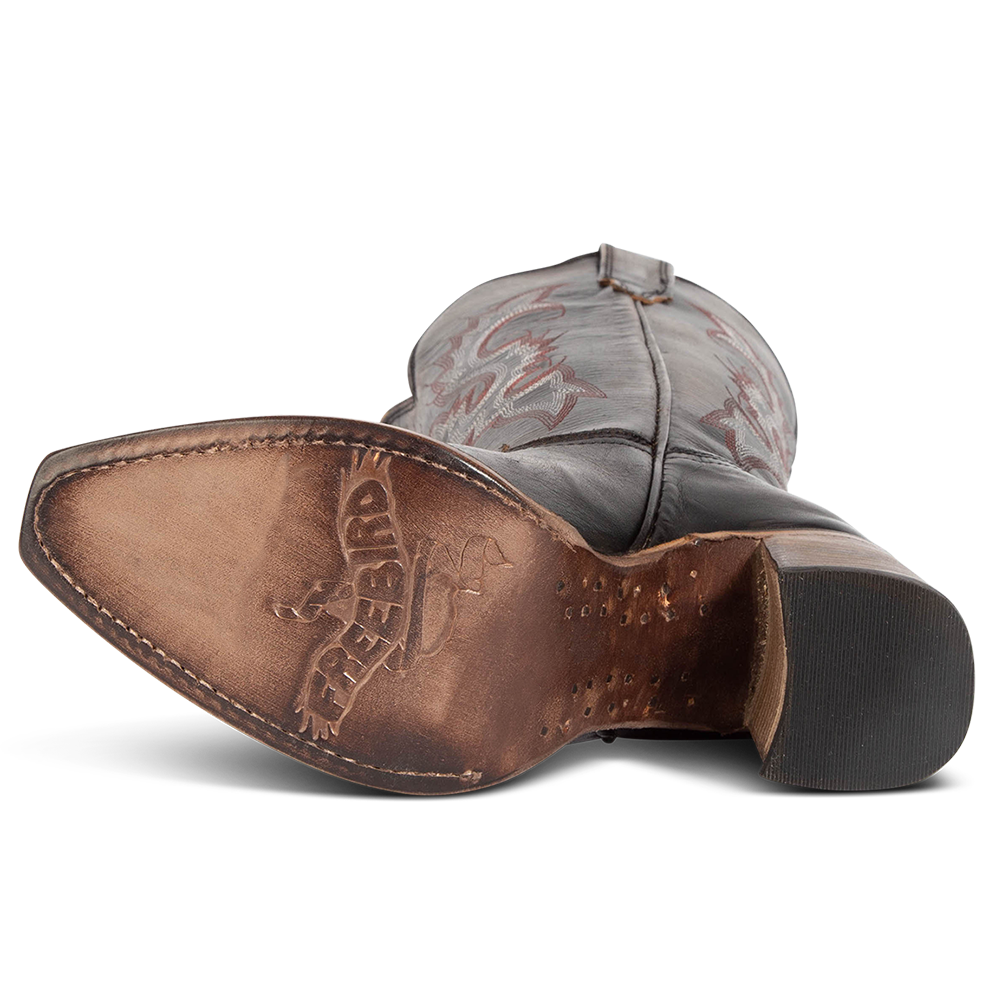 Leather sole imprinted with FREEBIRD on women's Jackson black leather high heel western boot