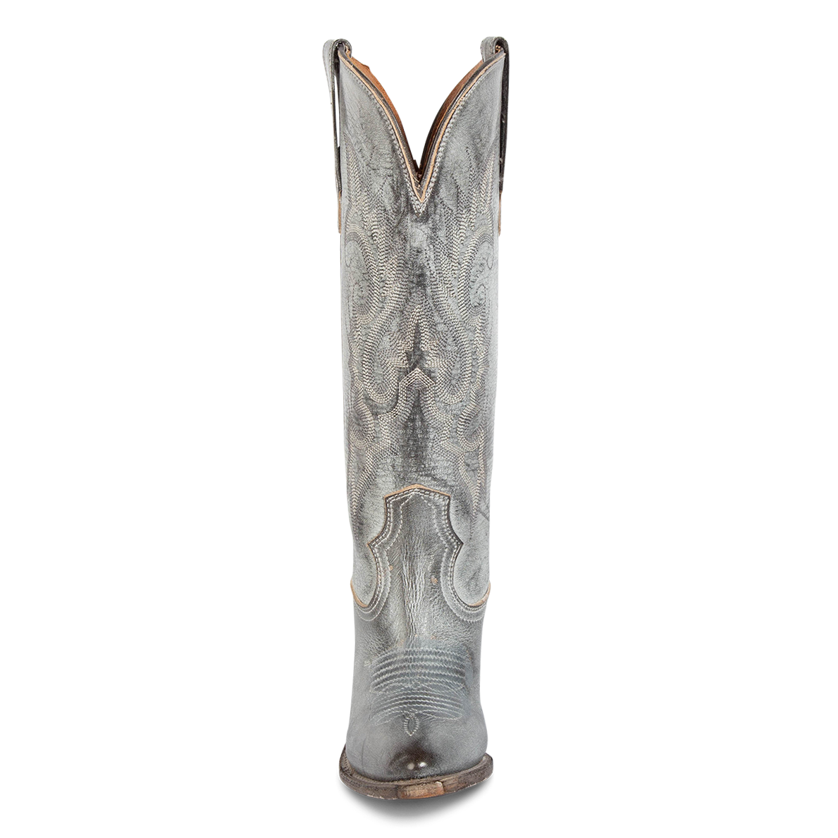 Front view showing stitch detailing and front dip on FREEBIRD women's Jackson ice leather high heel western boot