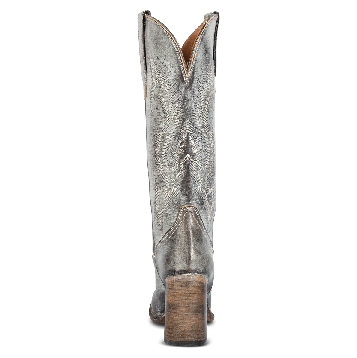 Back view showing back dip and leather high heel with stitch detailing on FREEBIRD women's Jackson ice leather western boot