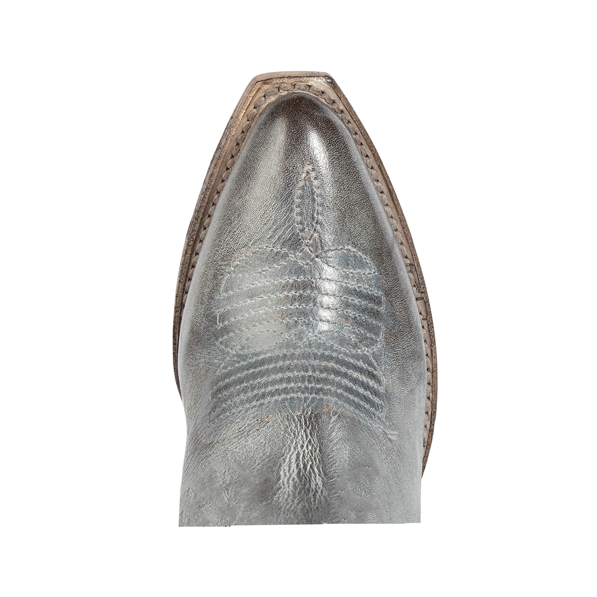 Top view showing snip toe construction with stitch detailing on FREEBIRD women's Jackson ice leather high heel western boot