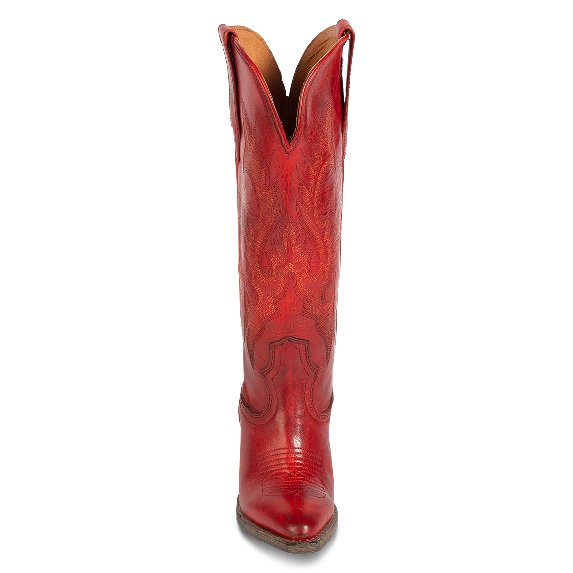 Front view showing stitch detailing and front dip on FREEBIRD women's Jackson red leather high heel western boot