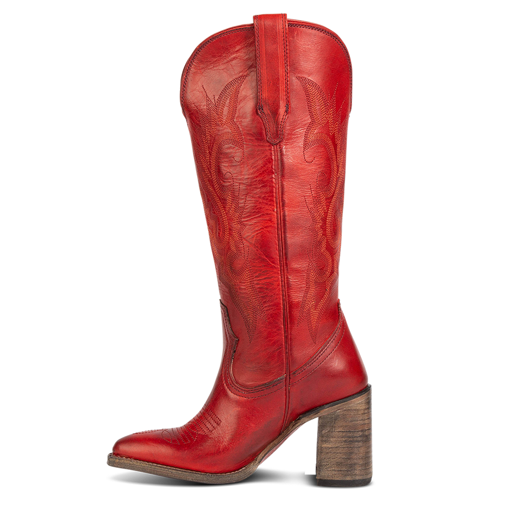 Side view showing leather pull straps and stitch detailing on FREEBIRD women's Jackson red leather high heel western boot