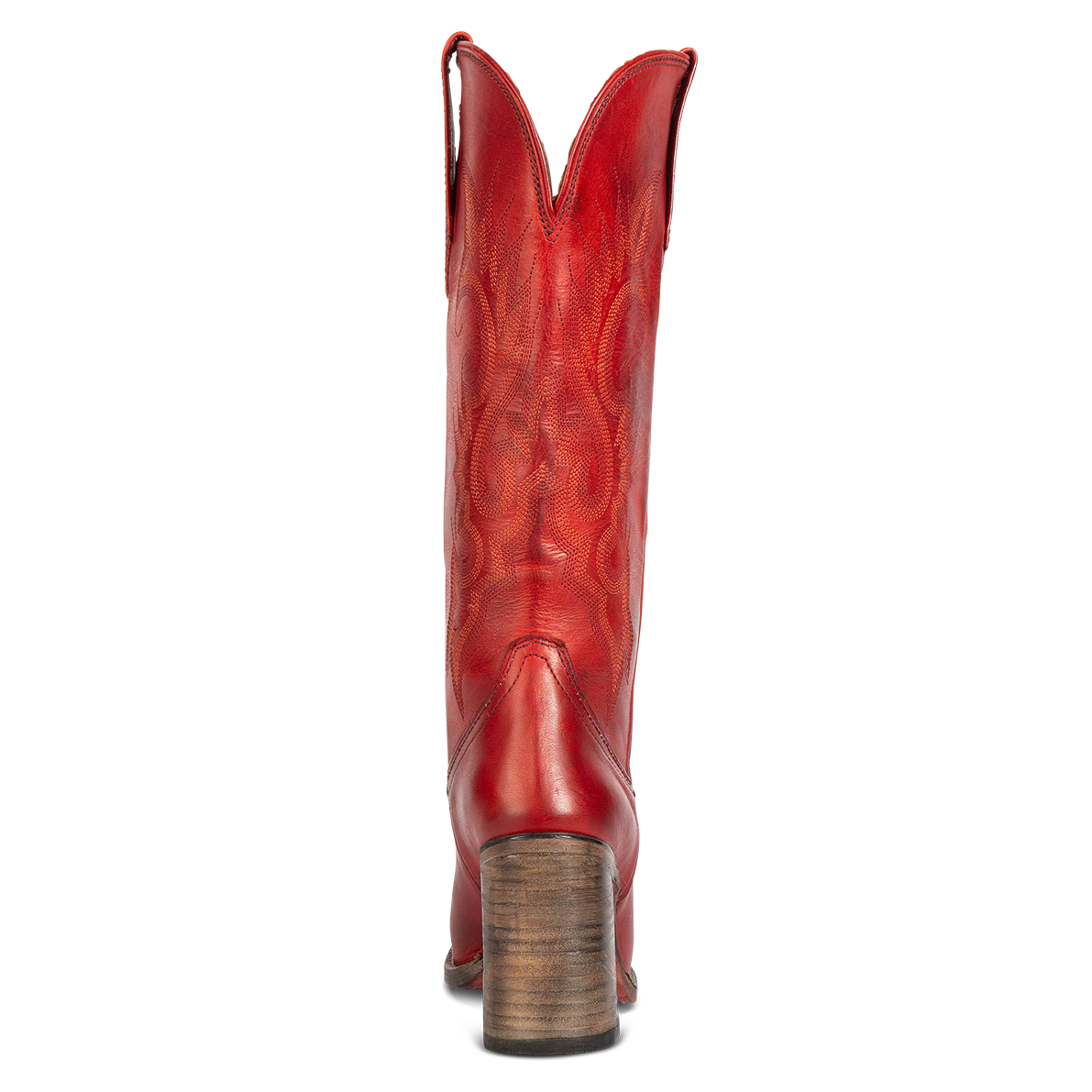 Back view showing back dip and leather high heel with stitch detailing on FREEBIRD women's Jackson red leather western boot