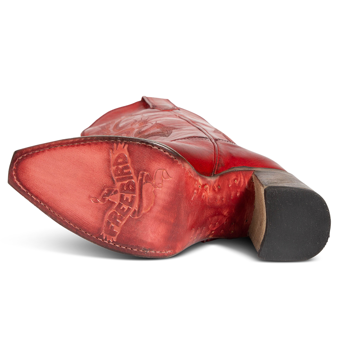 Leather sole imprinted with FREEBIRD on women's Jackson red leather high heel western boot