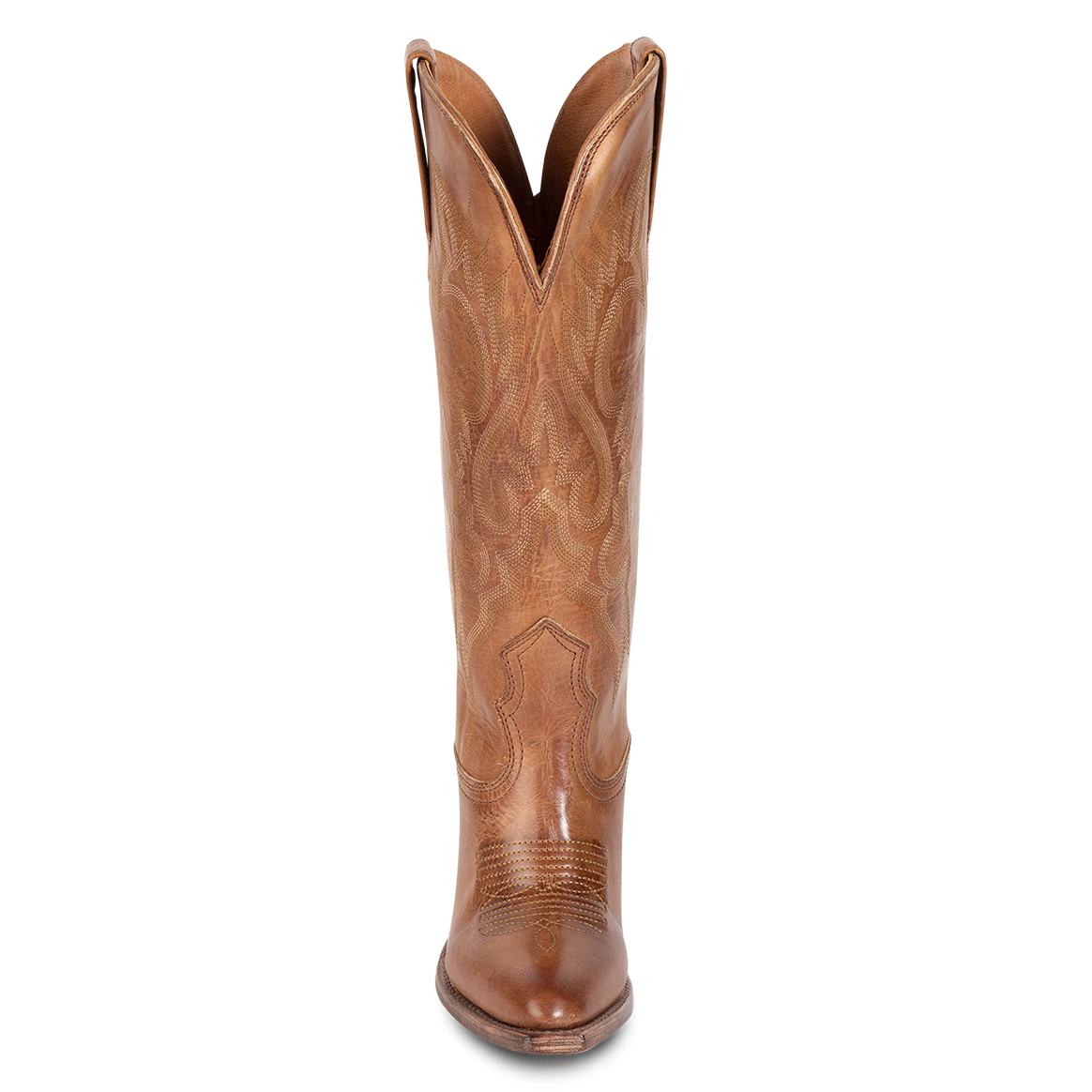 Front view showing stitch detailing and front dip on FREEBIRD women's Jackson tan leather high heel western boot
