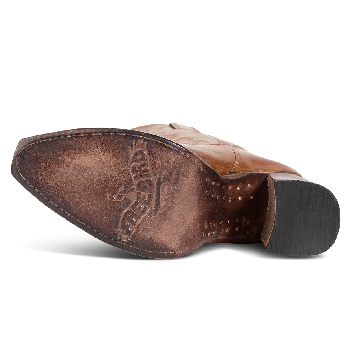 Leather sole imprinted with FREEBIRD on women's Jackson tan leather high heel western boot