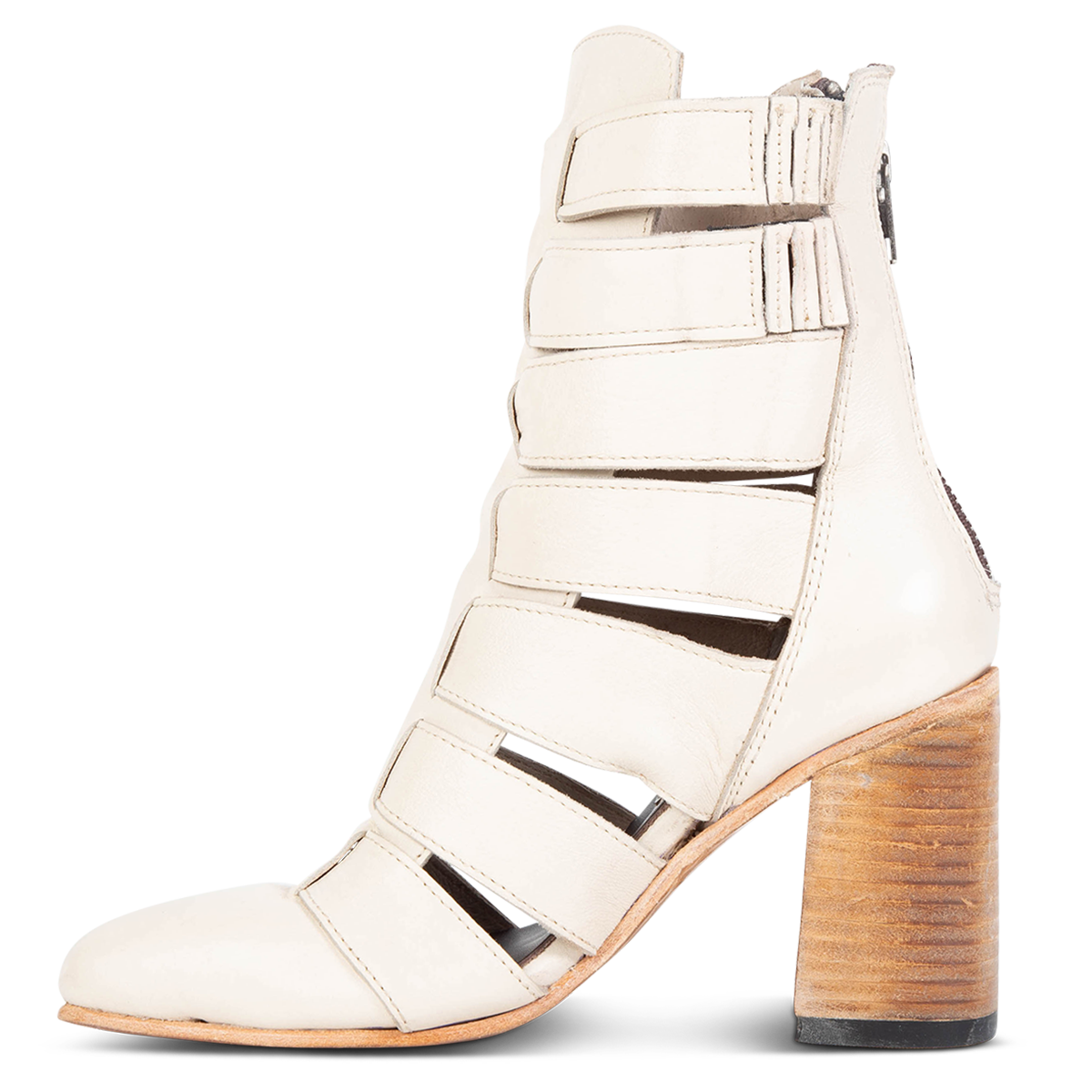 Inside view showing elastic gore detailing on FREEBIRD women's Jagger beige leather pointed toe bootie