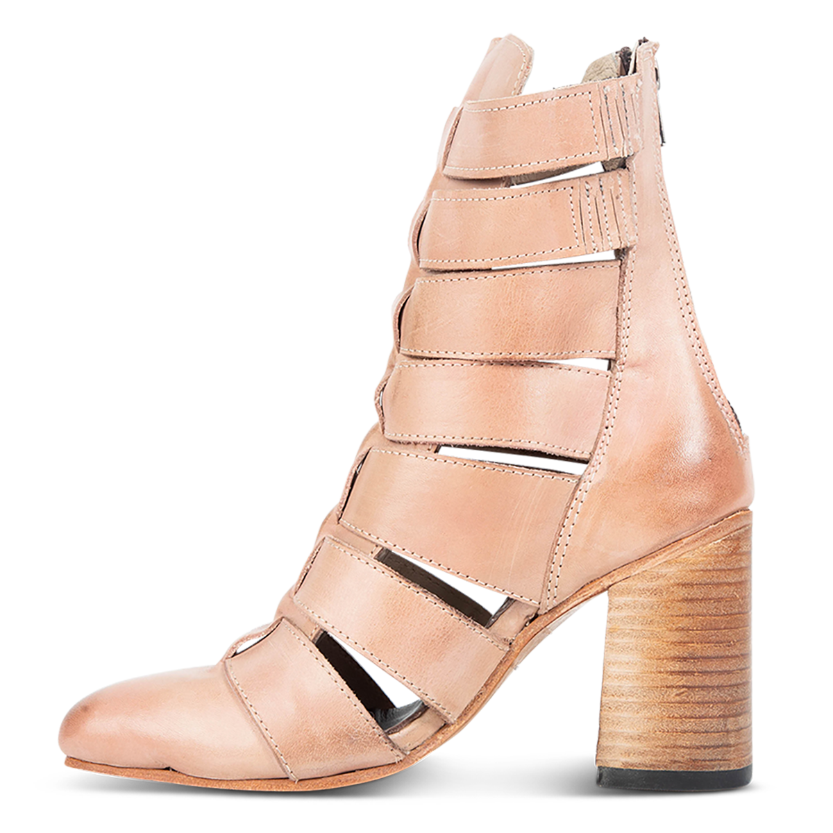 Inside view showing elastic gore detailing on FREEBIRD women's Jagger blush leather pointed toe bootie
