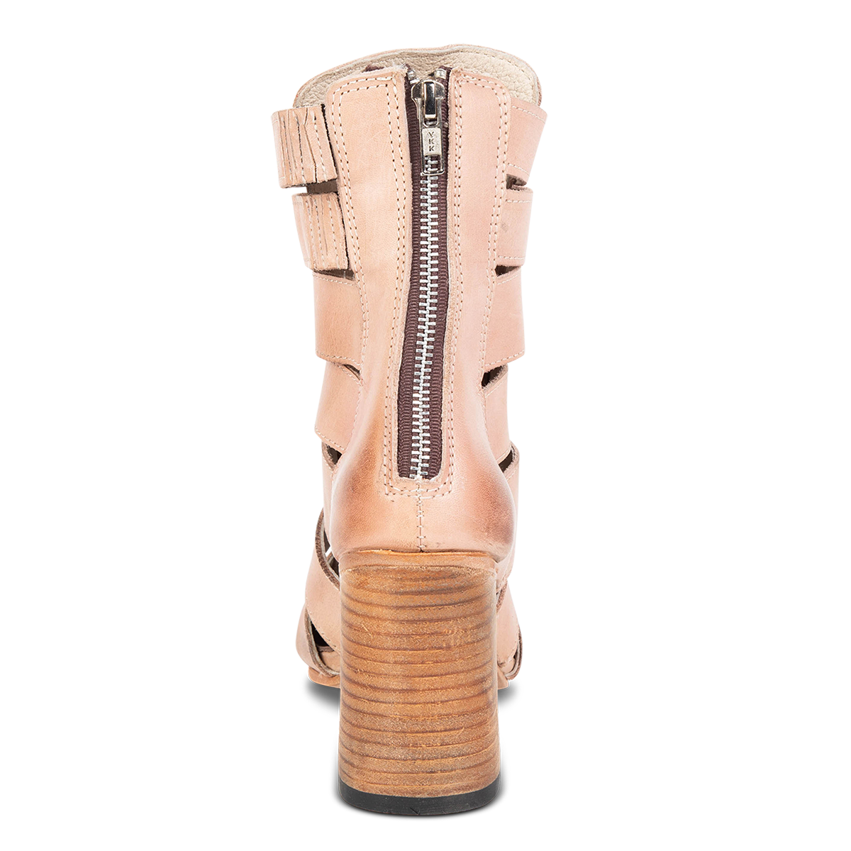 Back view showing working brass zip closure and flare heel on FREEBIRD women's Jagger blush leather pointed toe bootie