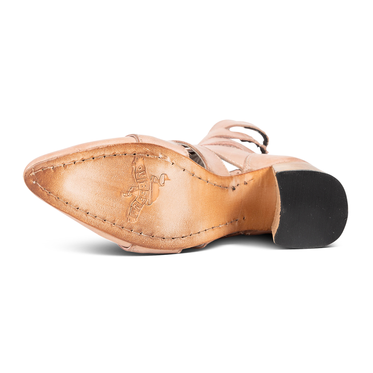 Leather sole imprinted with FREEBIRD on Jagger blush leather bootie