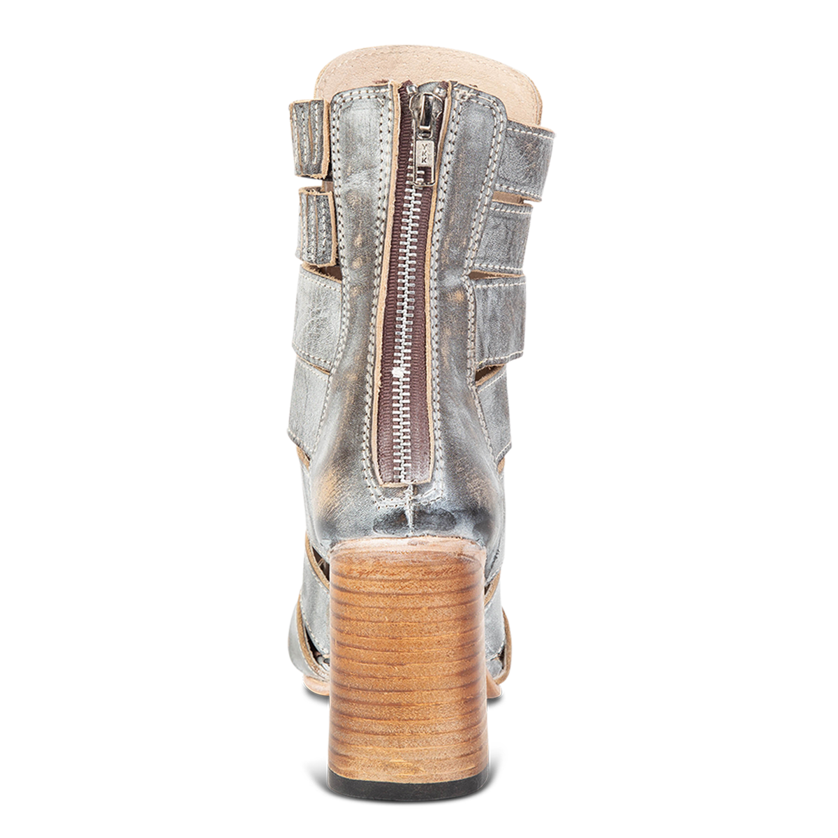 Back view showing working brass zip closure and flare heel on FREEBIRD women's Jagger ice leather pointed toe bootie