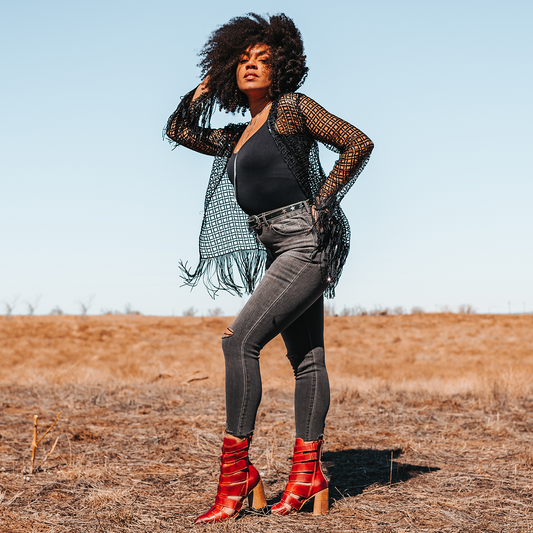 FREEBIRD women's Jagger red leather bootie with flare heel and pointed toe lifestyle