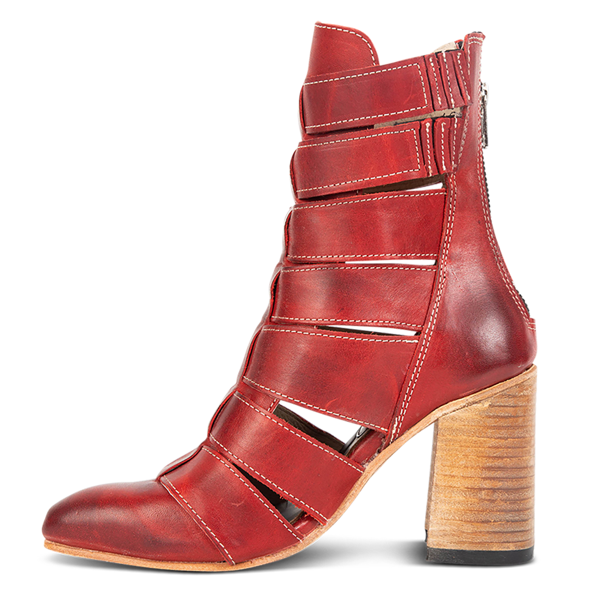 Inside view showing elastic gore detailing on FREEBIRD women's Jagger red leather pointed toe bootie