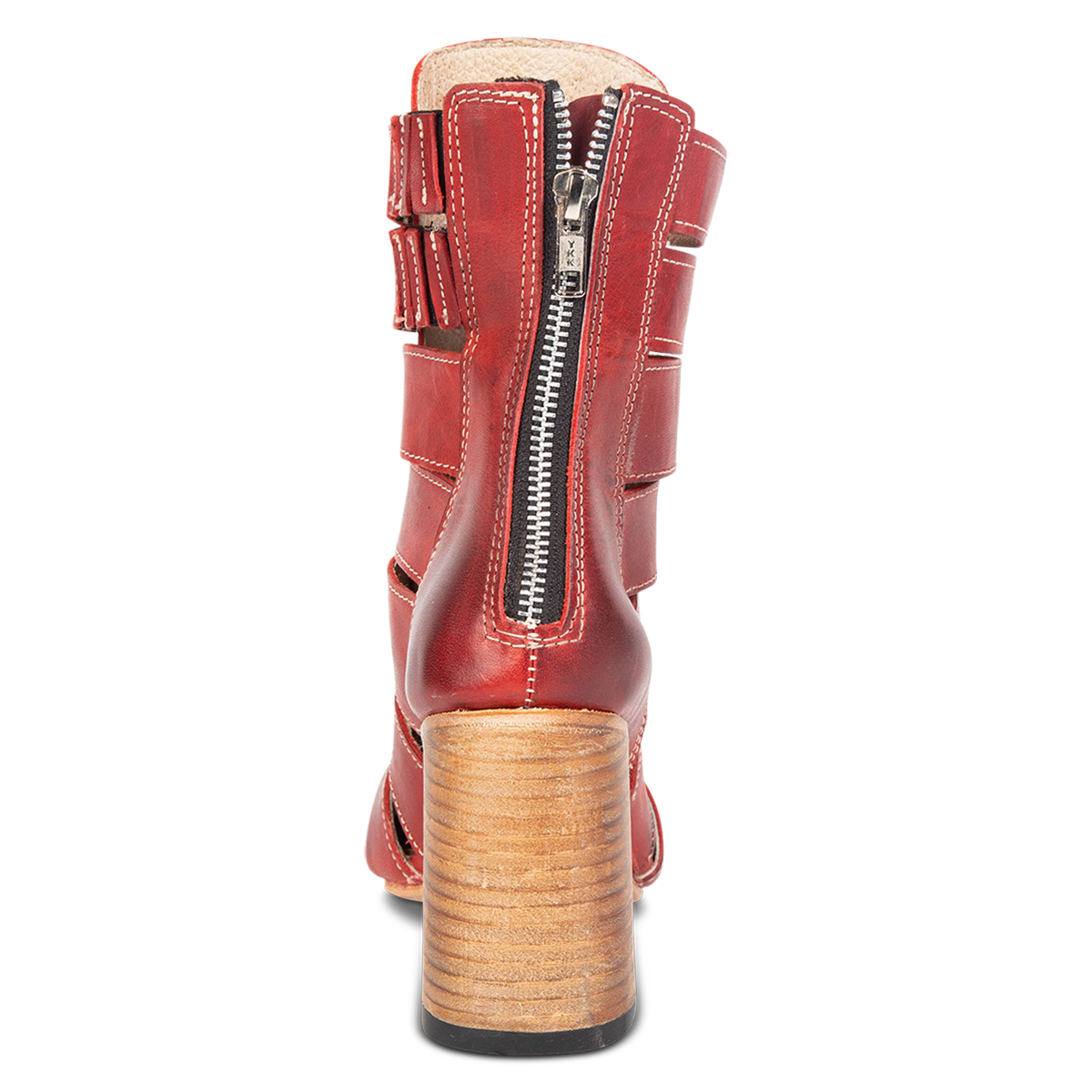 Back view showing working brass zip closure and flare heel on FREEBIRD women's Jagger red leather pointed toe bootie