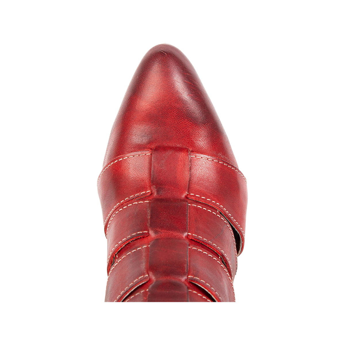 Top view showing pointed toe on FREEBIRD women's Jagger red leather pointed toe bootie