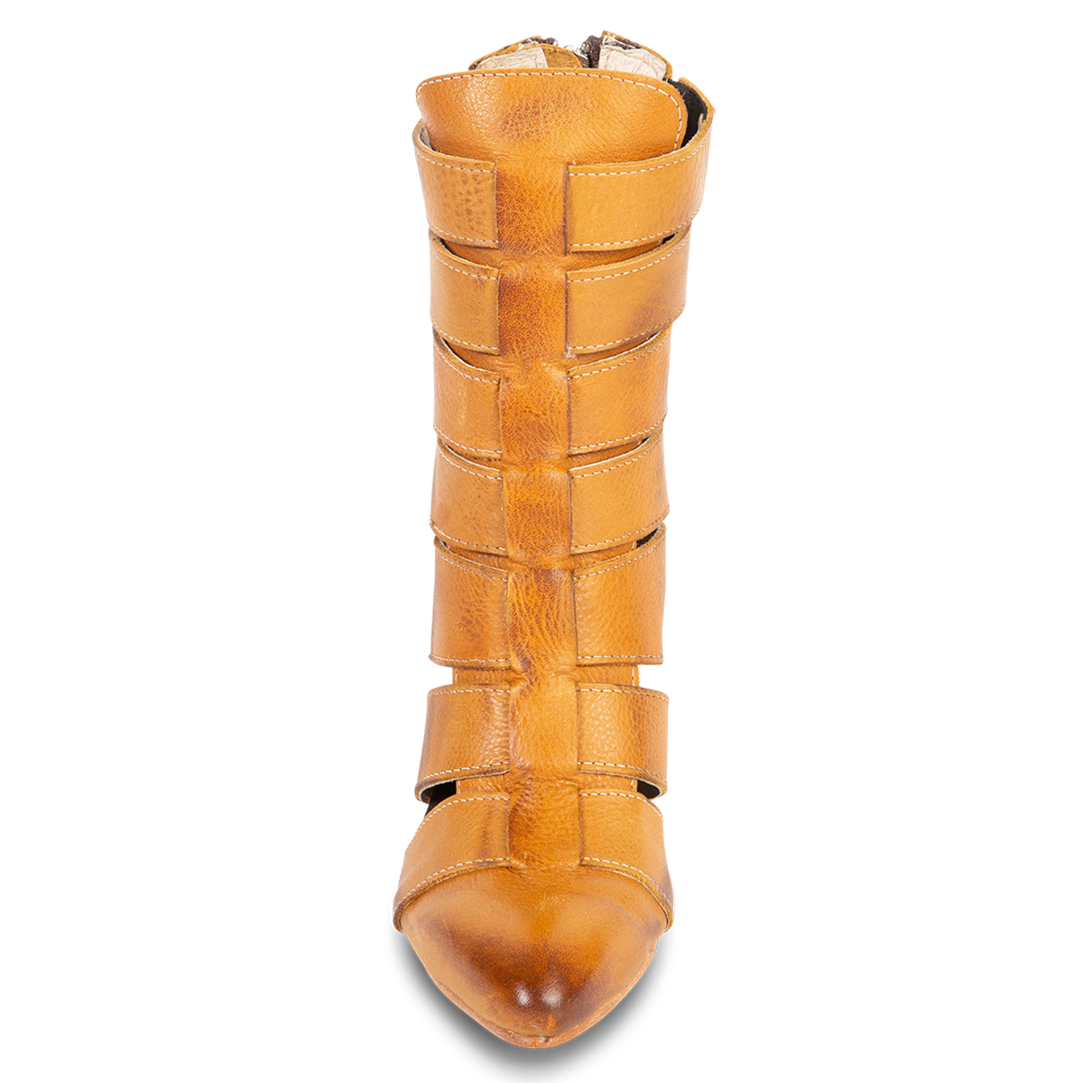 Front view showing cut-outs on FREEBIRD women's Jagger wheat leather pointed toe bootie