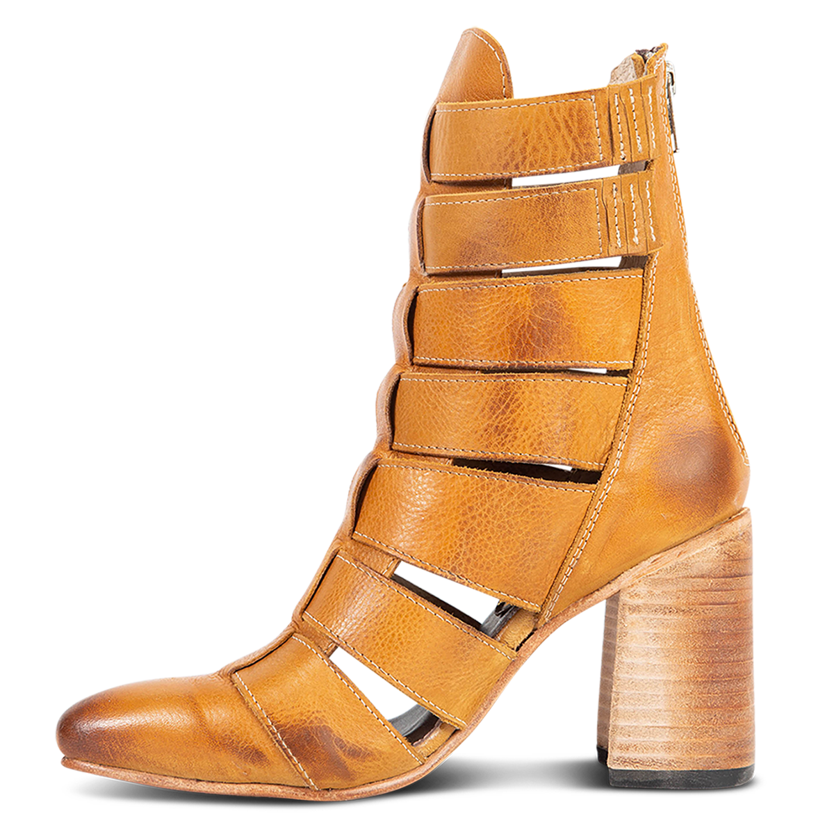 Inside view showing elastic gore detailing on FREEBIRD women's Jagger wheat leather pointed toe bootie
