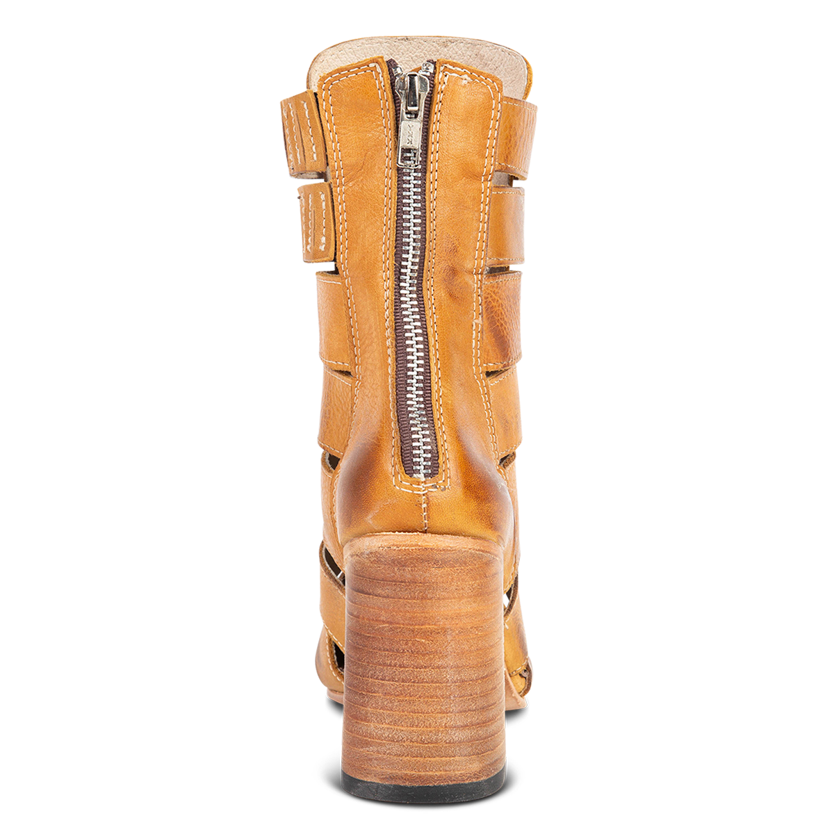 Back view showing working brass zip closure and flare heel on FREEBIRD women's Jagger wheat leather pointed toe bootie