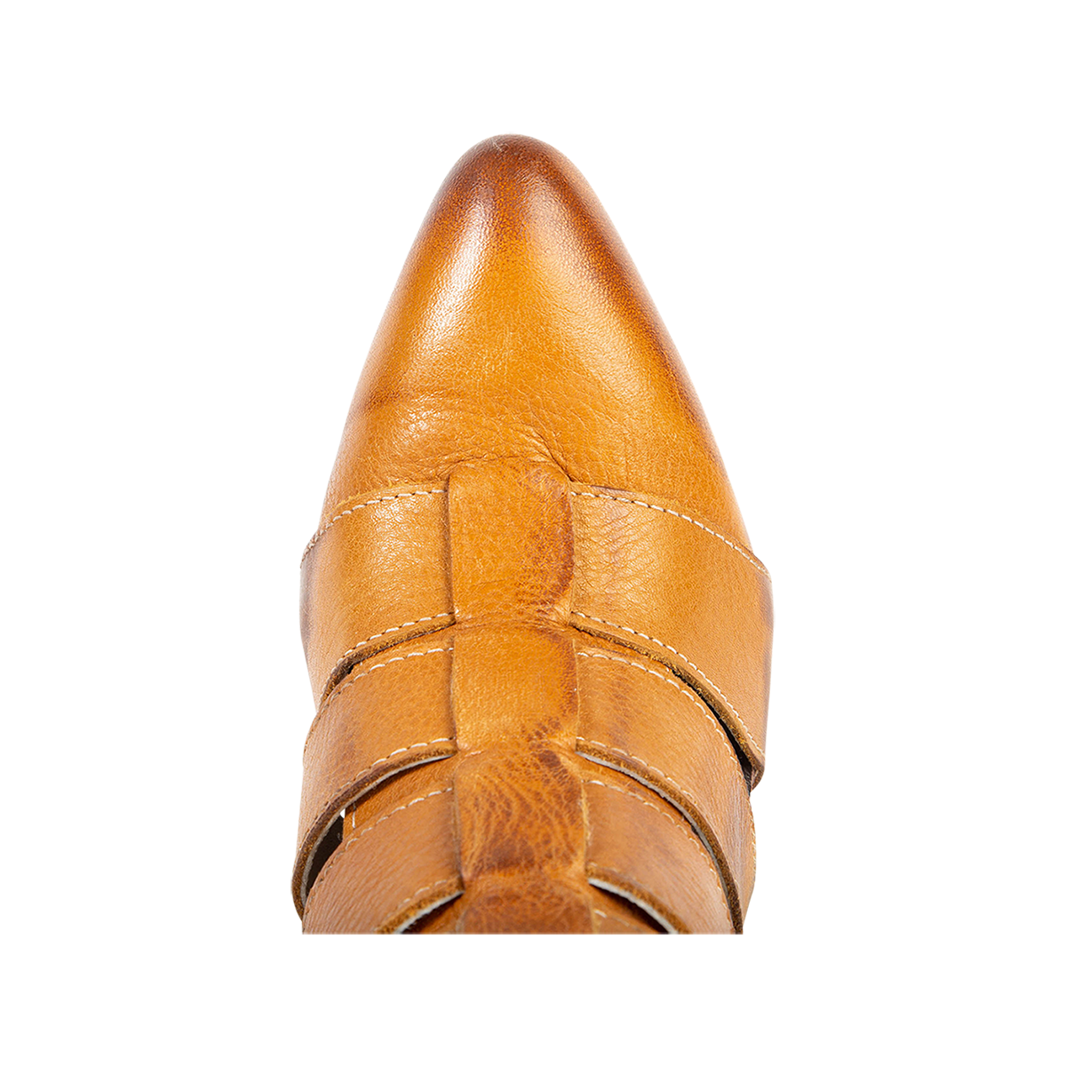 Top view showing pointed toe on FREEBIRD women's Jagger wheat leather pointed toe bootie