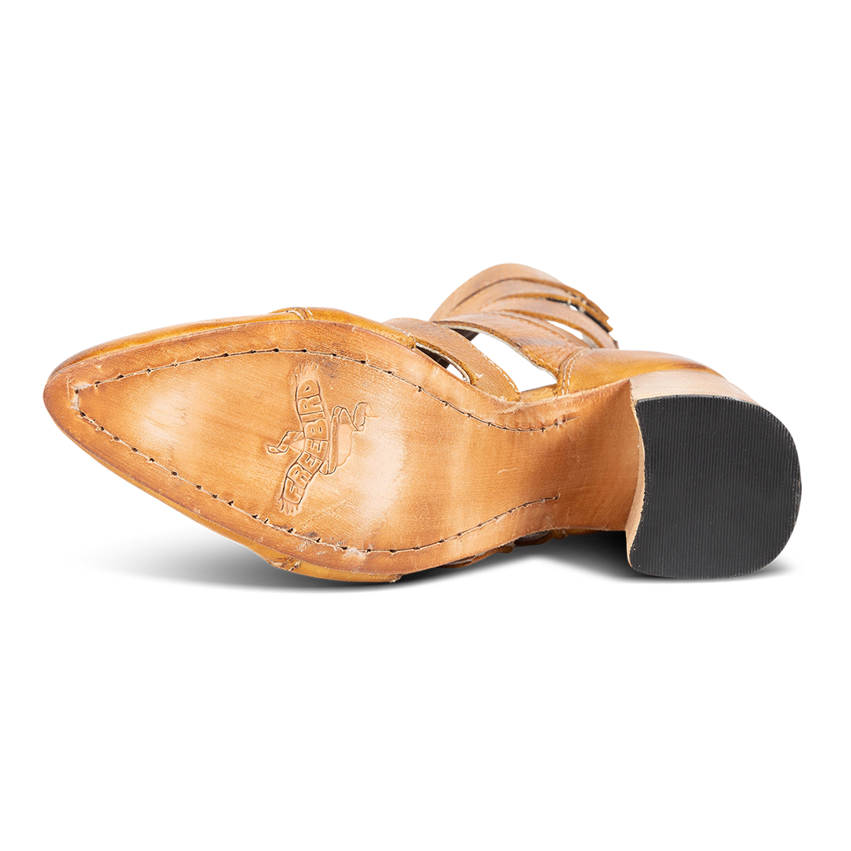 Leather sole imprinted with FREEBIRD on Jagger wheat leather bootie