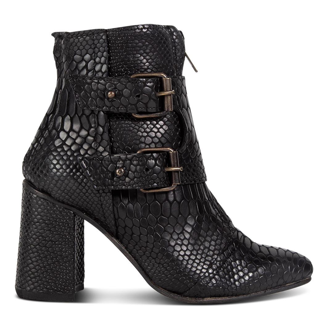 FREEBIRD women's Joey black snake embossed leather bootie with flare heel and brass buckles