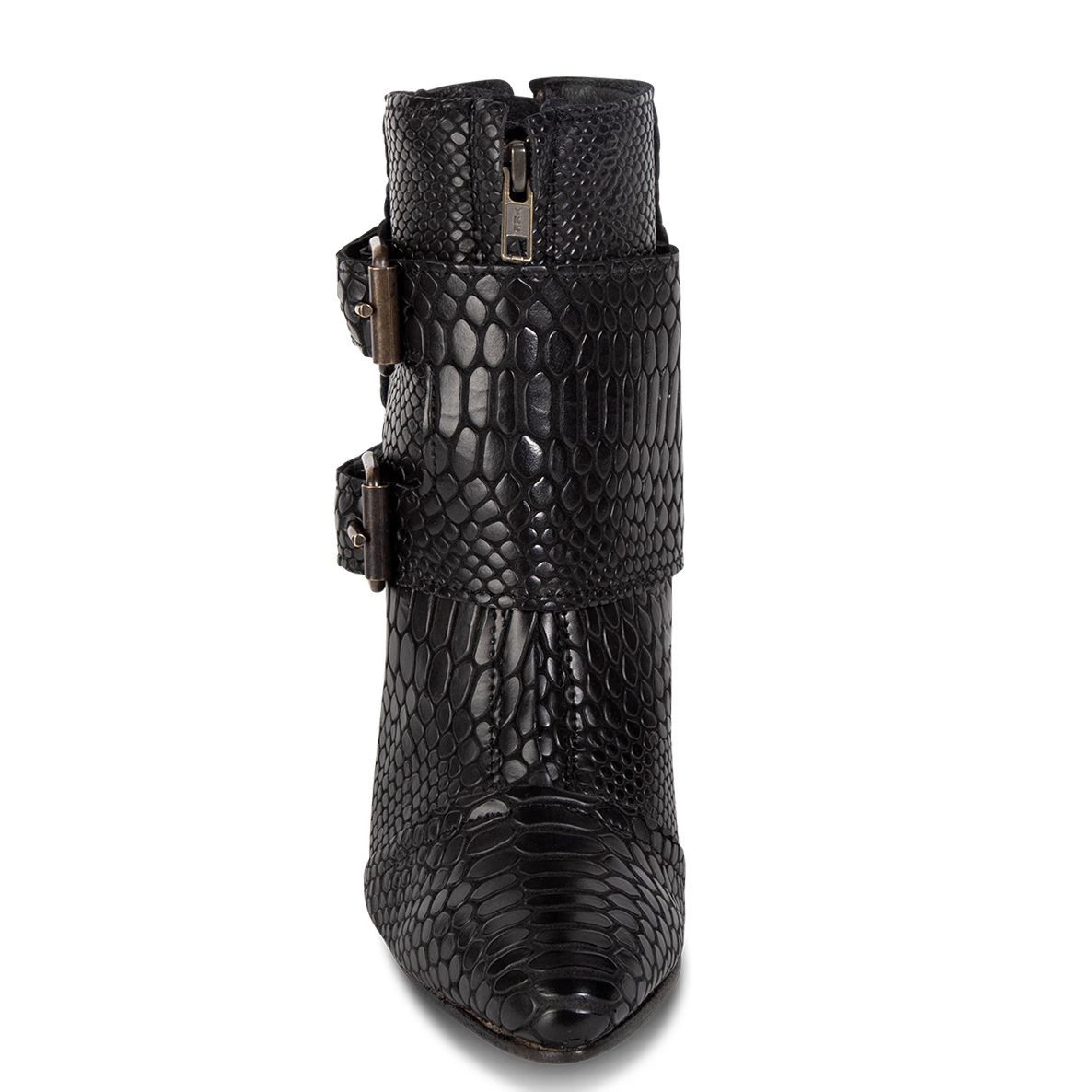 Front view showing overlay with working front brass zip closure on FREEBIRD women's Joey black snake leather bootie