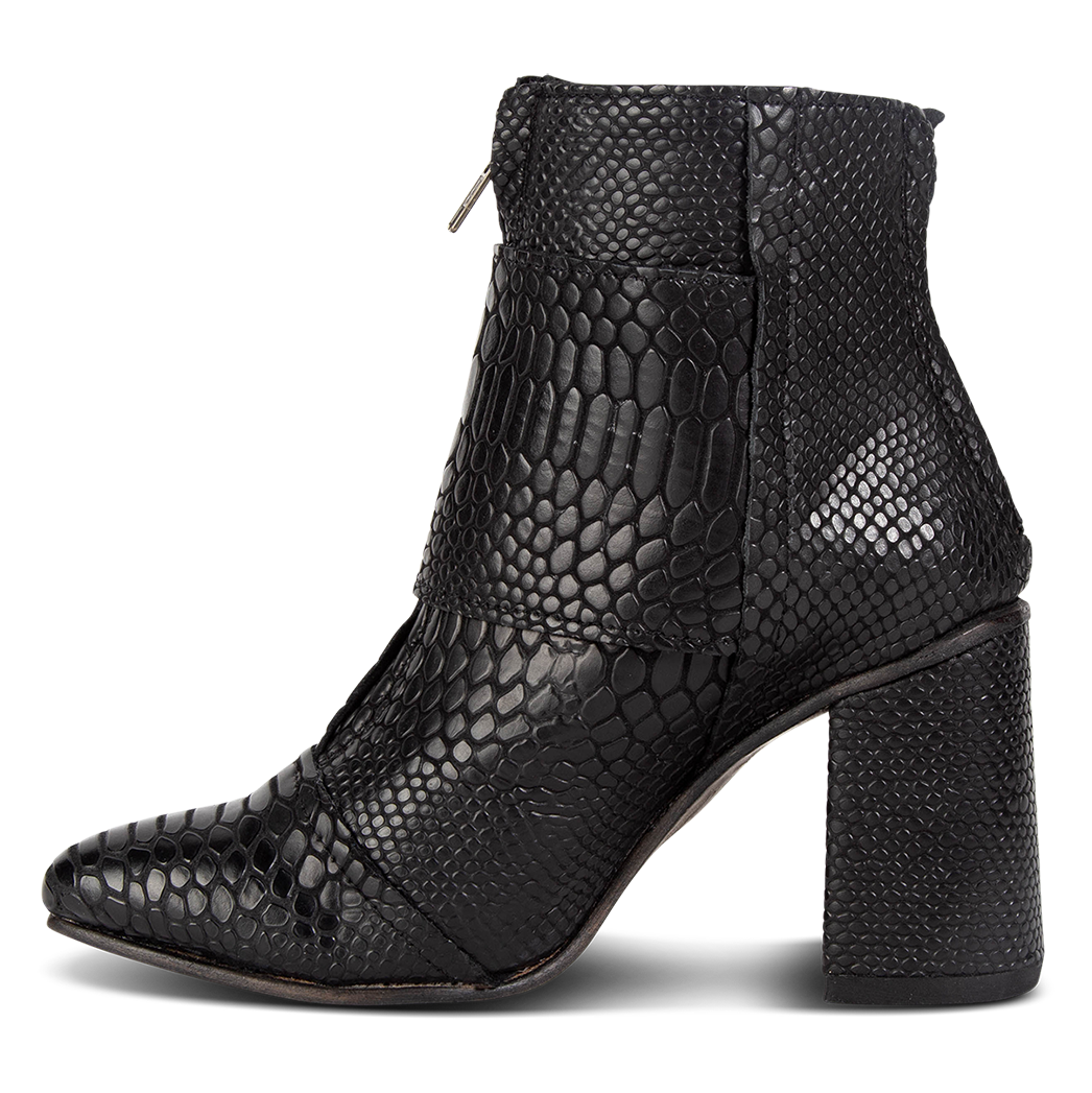 Inside view showing leather construction on FREEBIRD women's Joey black snake leather bootie