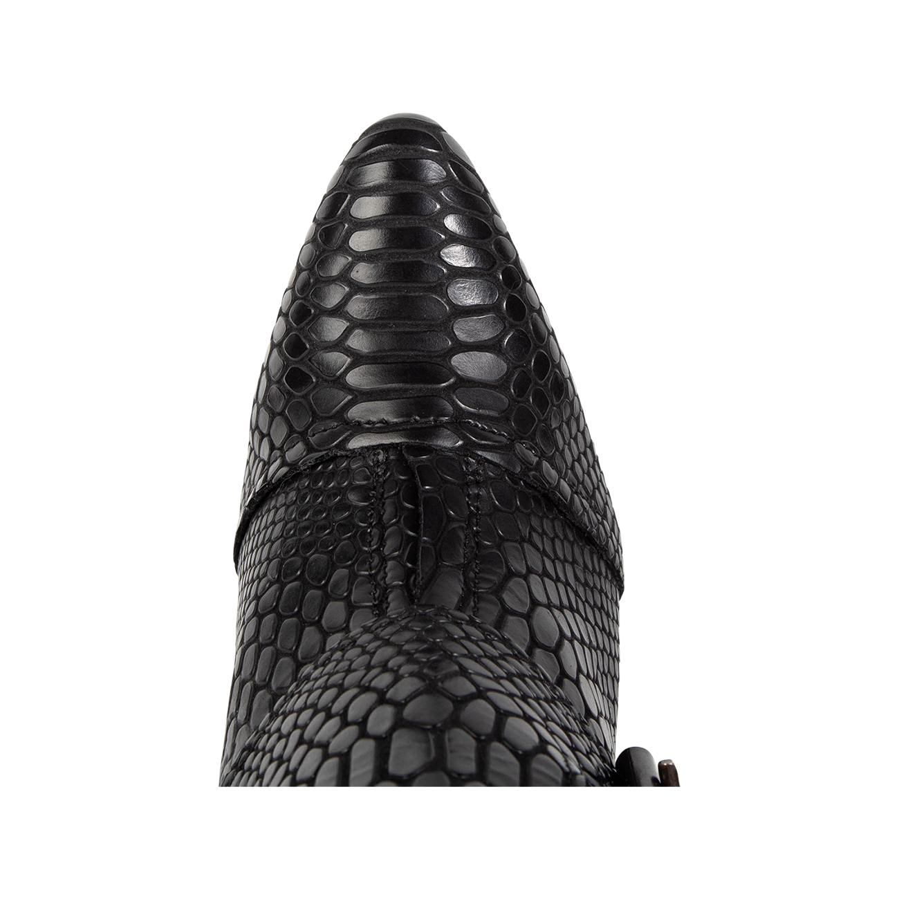 Top view showing pointed toe and front overlay on FREEBIRD women's Joey black snake leather bootie