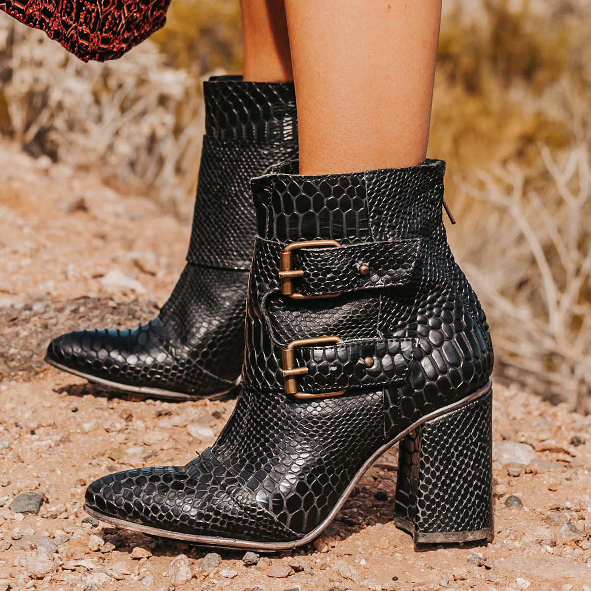 FREEBIRD women's Joey black snake embossed leather bootie with flare heel and brass buckles