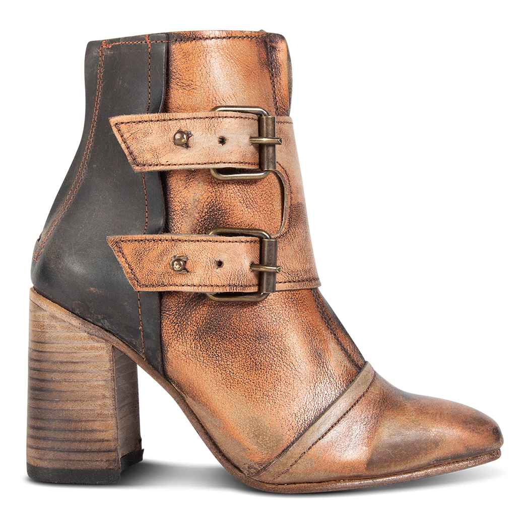 FREEBIRD women's Joey bronze embossed leather bootie with flare heel and brass buckles