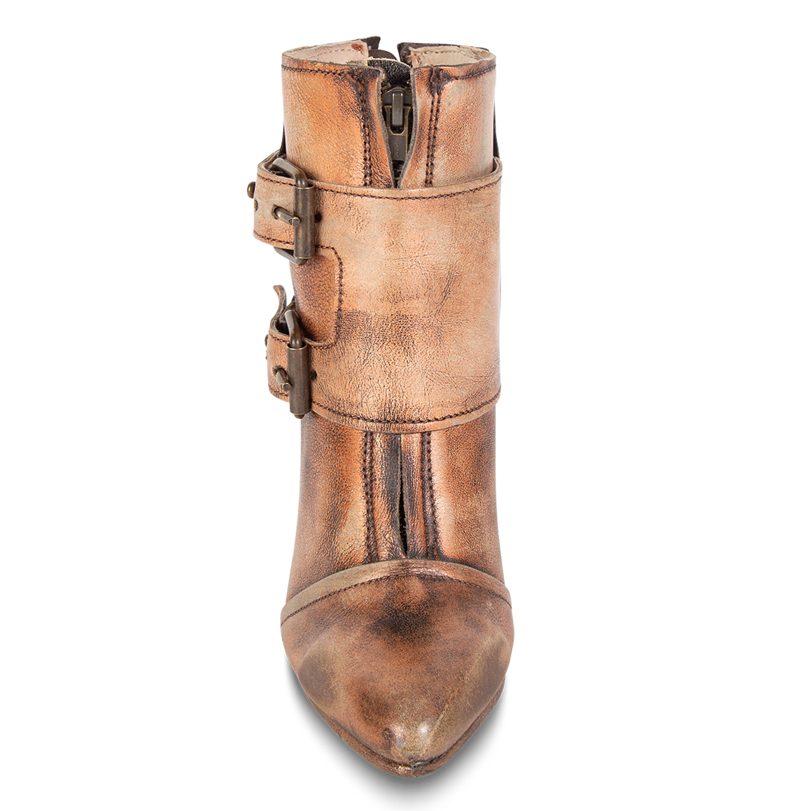 Front view showing overlay with working front brass zip closure on FREEBIRD women's Joey bronze leather bootie