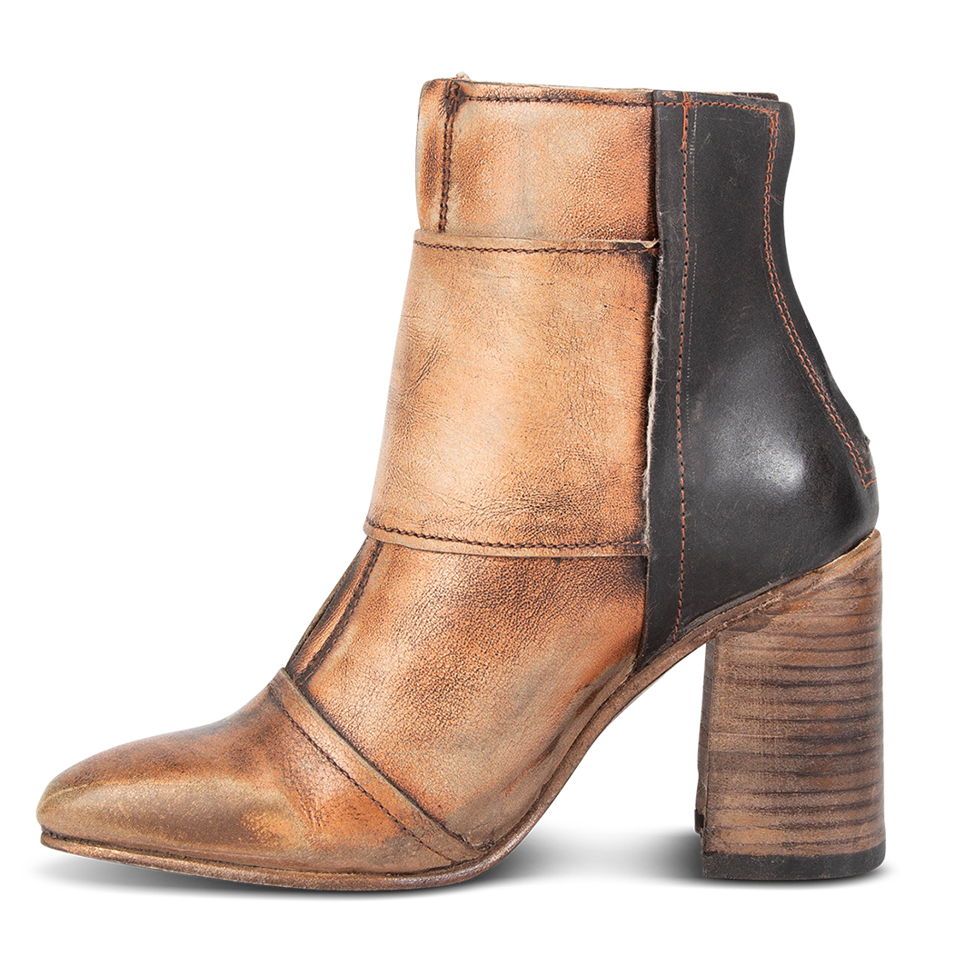 Inside view showing leather construction on FREEBIRD women's Joey bronze leather bootie