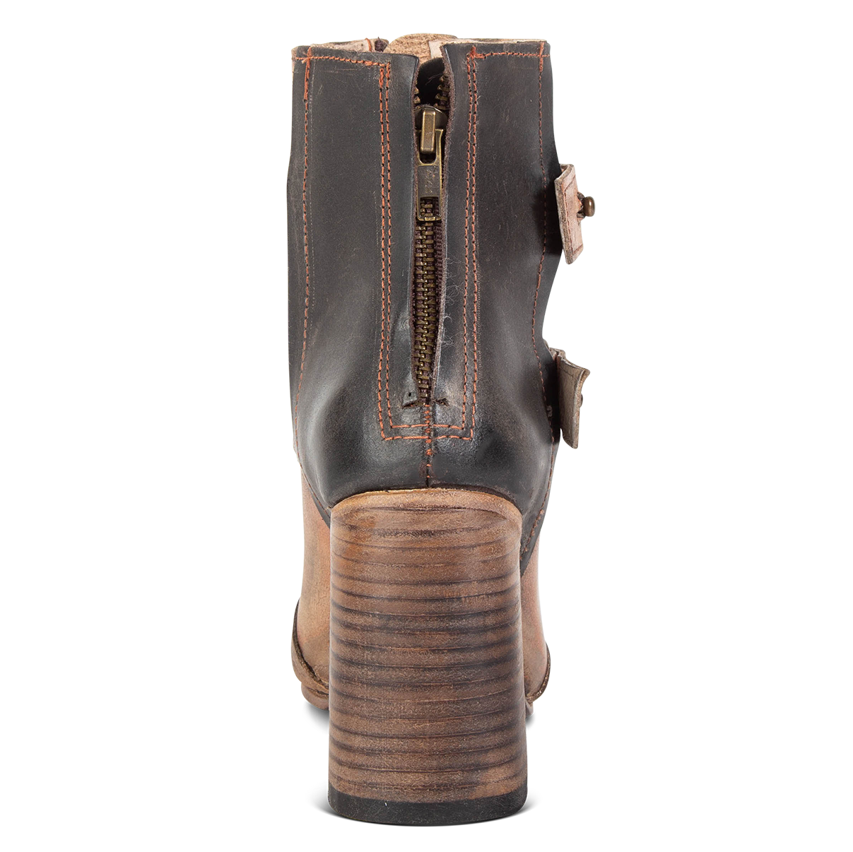 Back view showing working brass zip closure and flare heel on FREEBIRD women's Joey bronze leather bootie