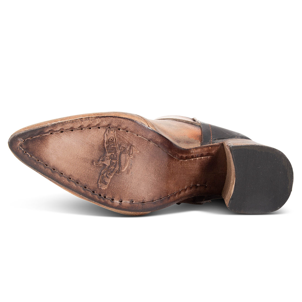 Leather sole imprinted with FREEBIRD on women's Joey bronze leather bootie