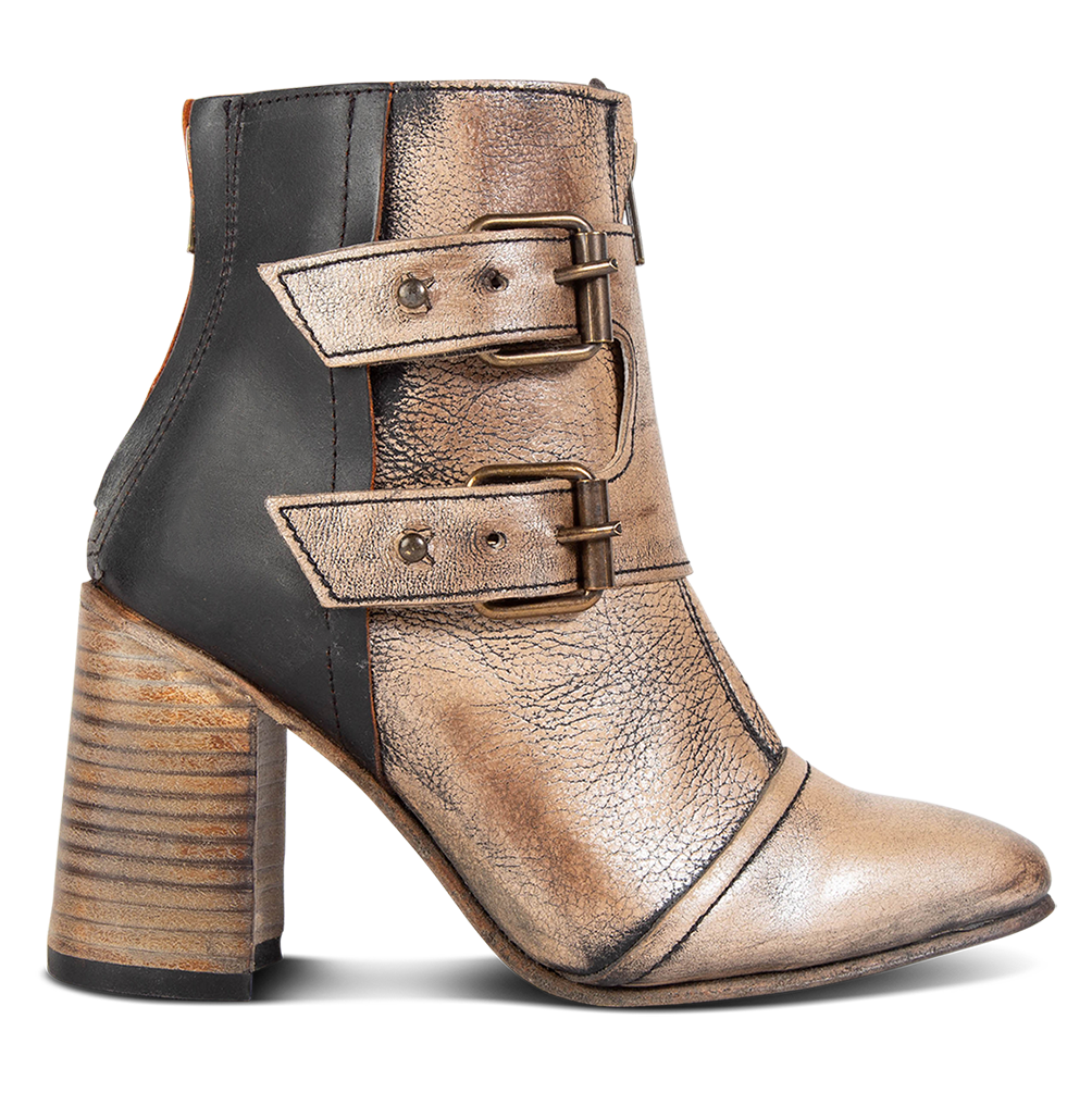 FREEBIRD women's Joey pewter embossed leather bootie with flare heel and brass buckles