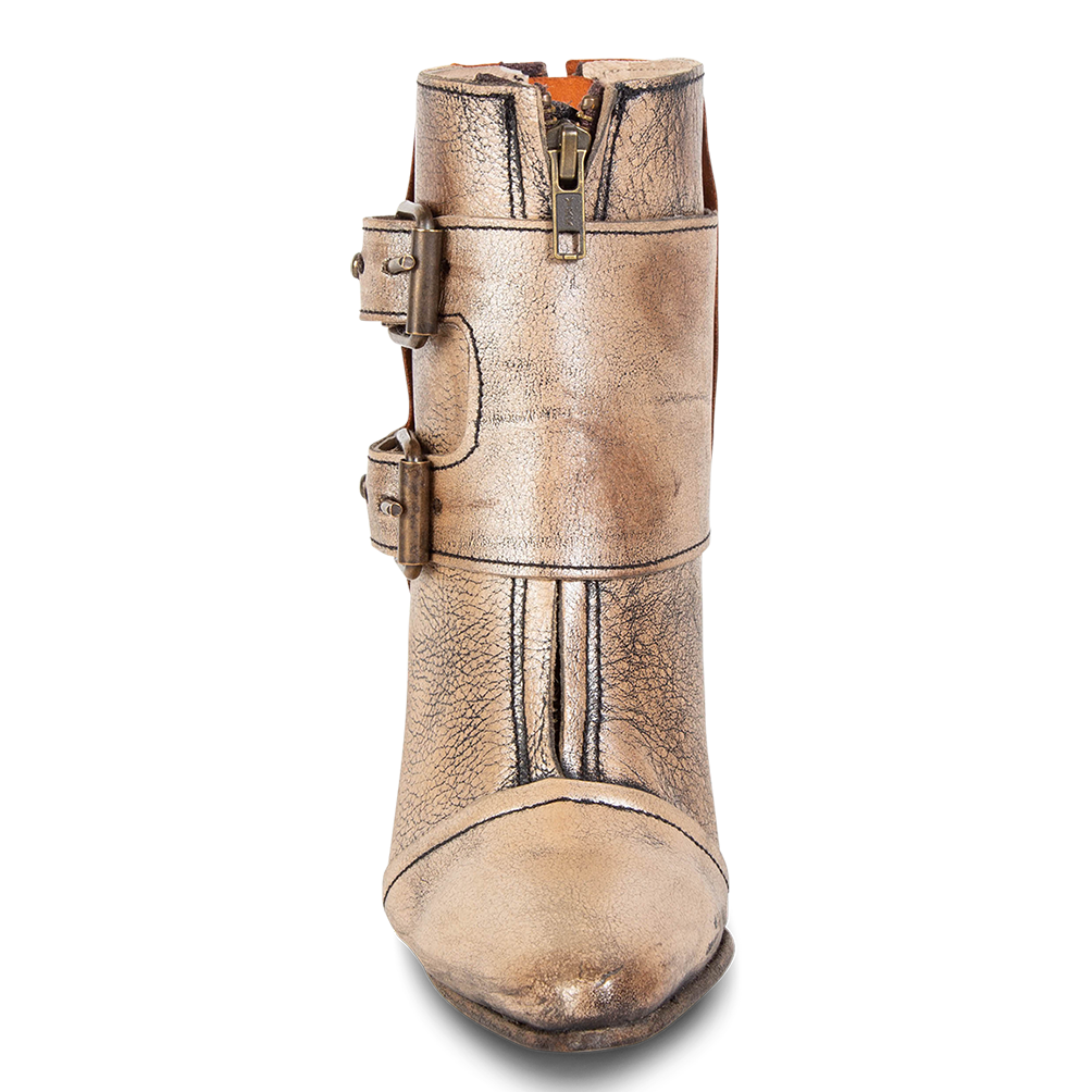 Front view showing overlay with working front brass zip closure on FREEBIRD women's Joey pewter leather bootie