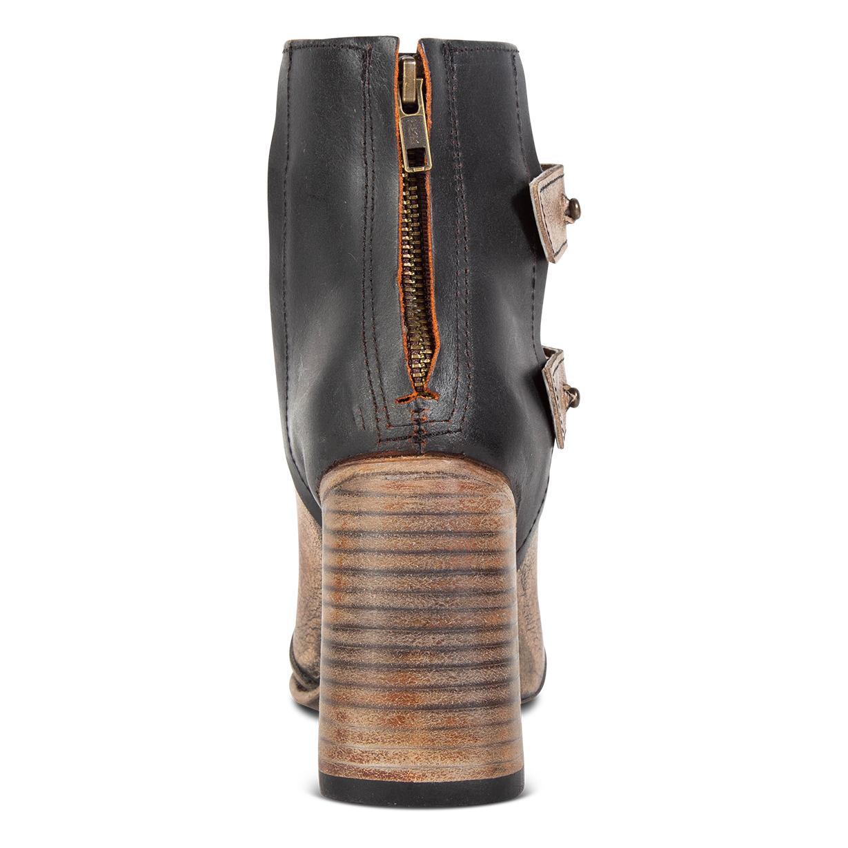 Back view showing working brass zip closure and flare heel on FREEBIRD women's Joey pewter leather bootie