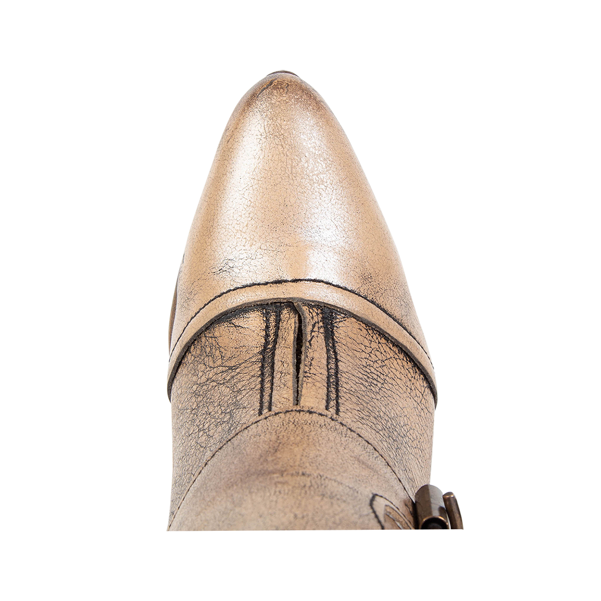 Top view showing pointed toe and front overlay on FREEBIRD women's Joey pewter leather bootie
