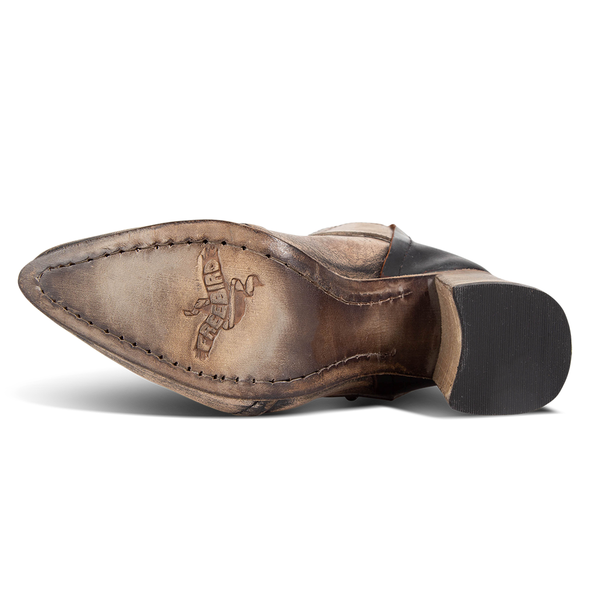 Leather sole imprinted with FREEBIRD on women's Joey pewter leather bootie