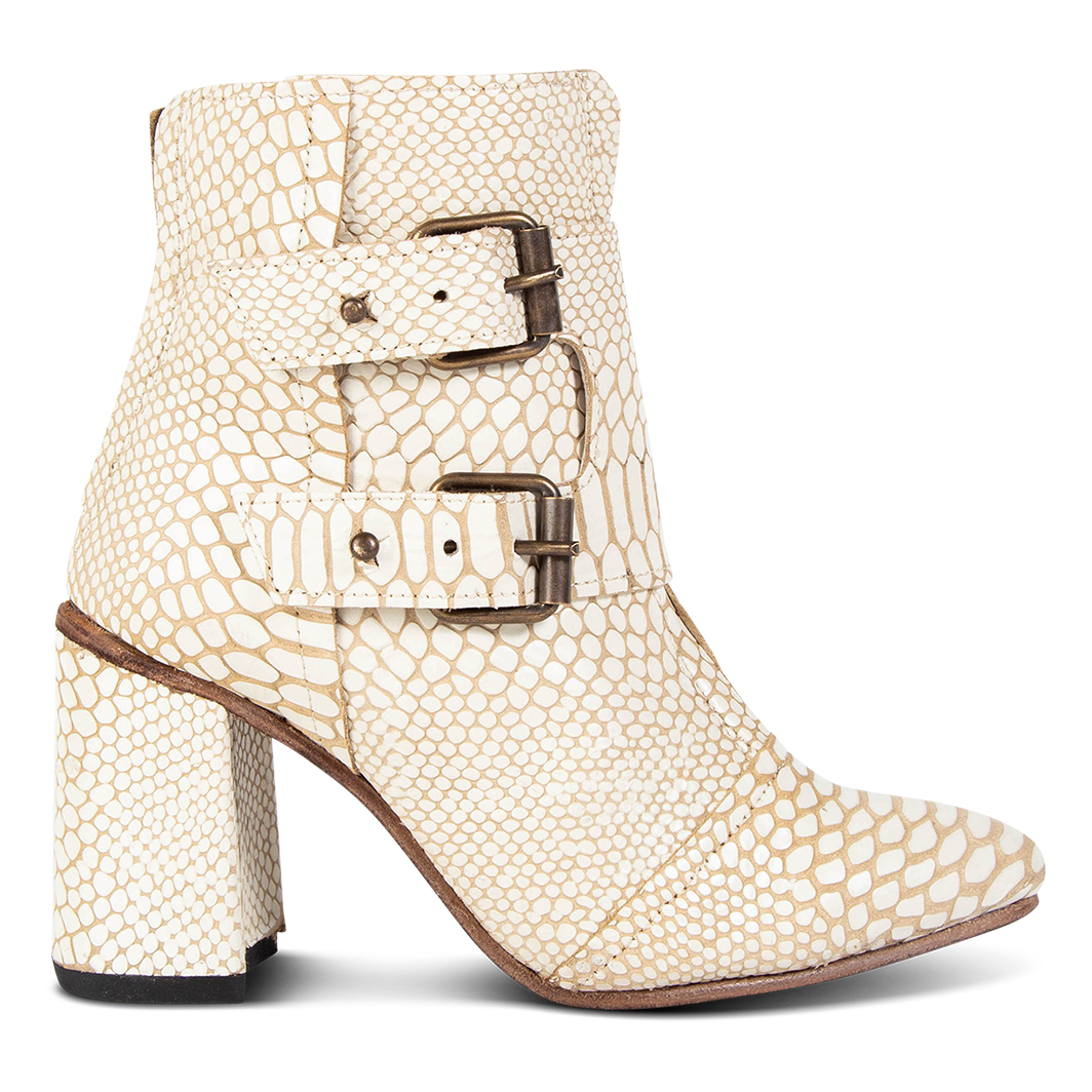FREEBIRD women's Joey white snake embossed leather bootie with flare heel and brass buckles