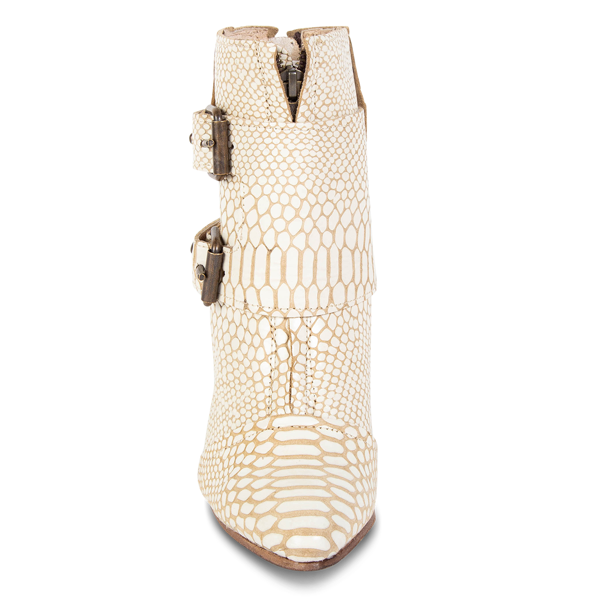 Front view showing overlay with working front brass zip closure on FREEBIRD women's Joey white snake leather bootie