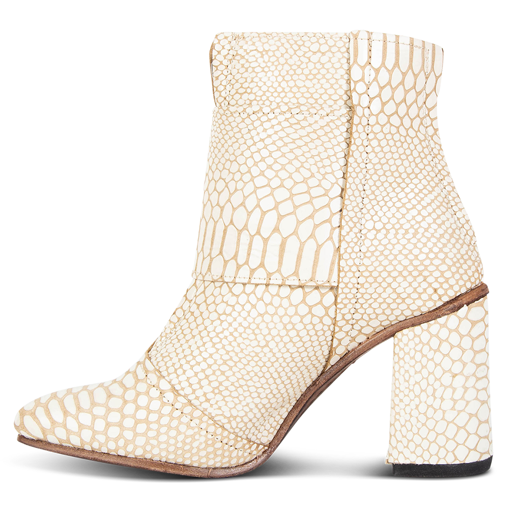 Inside view showing leather construction on FREEBIRD women's Joey white snake leather bootie