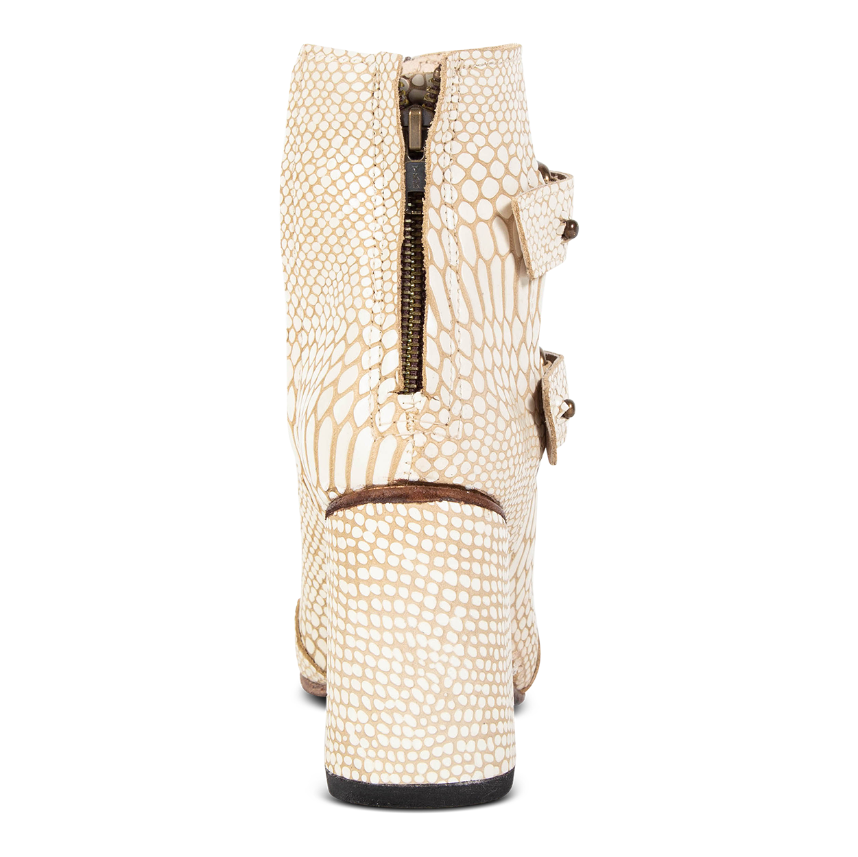 Back view showing working brass zip closure and flare heel on FREEBIRD women's Joey white snake leather bootie