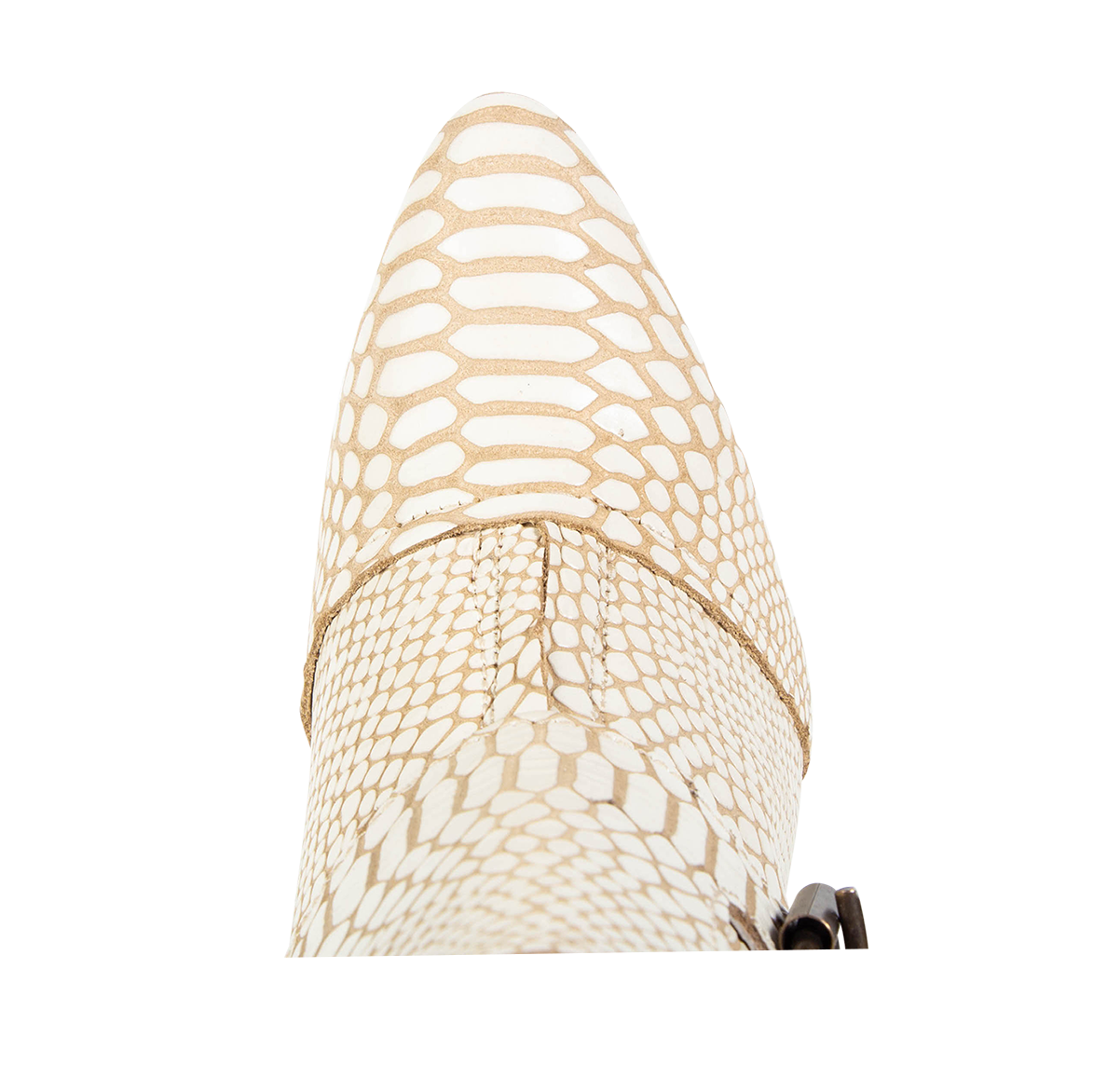 Top view showing pointed toe and front overlay on FREEBIRD women's Joey white snake leather bootie