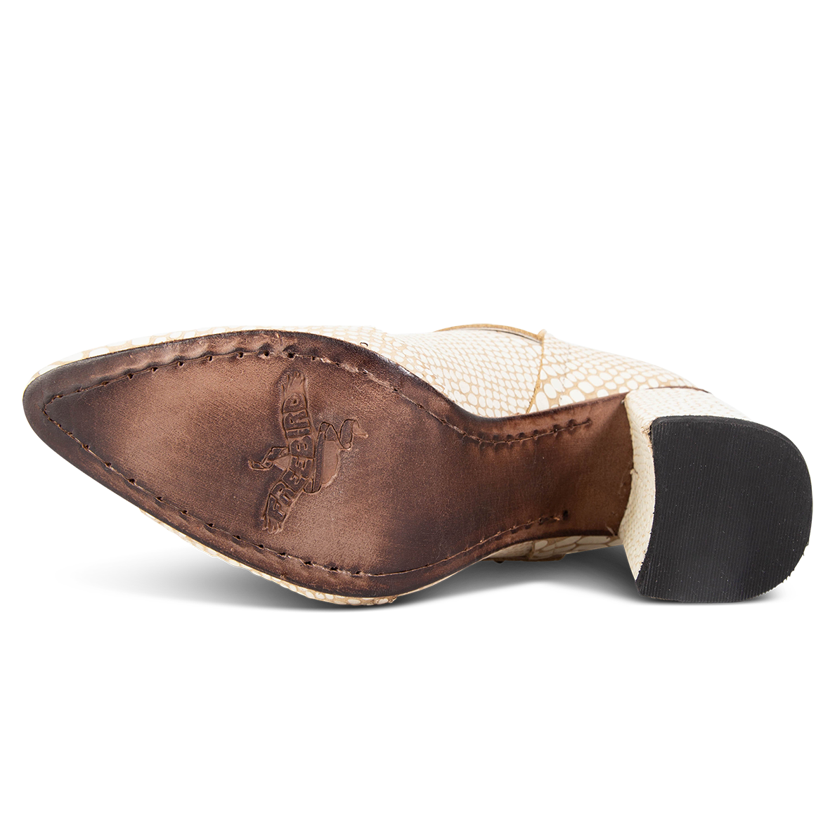Leather sole imprinted with FREEBIRD on women's Joey white snake leather bootie