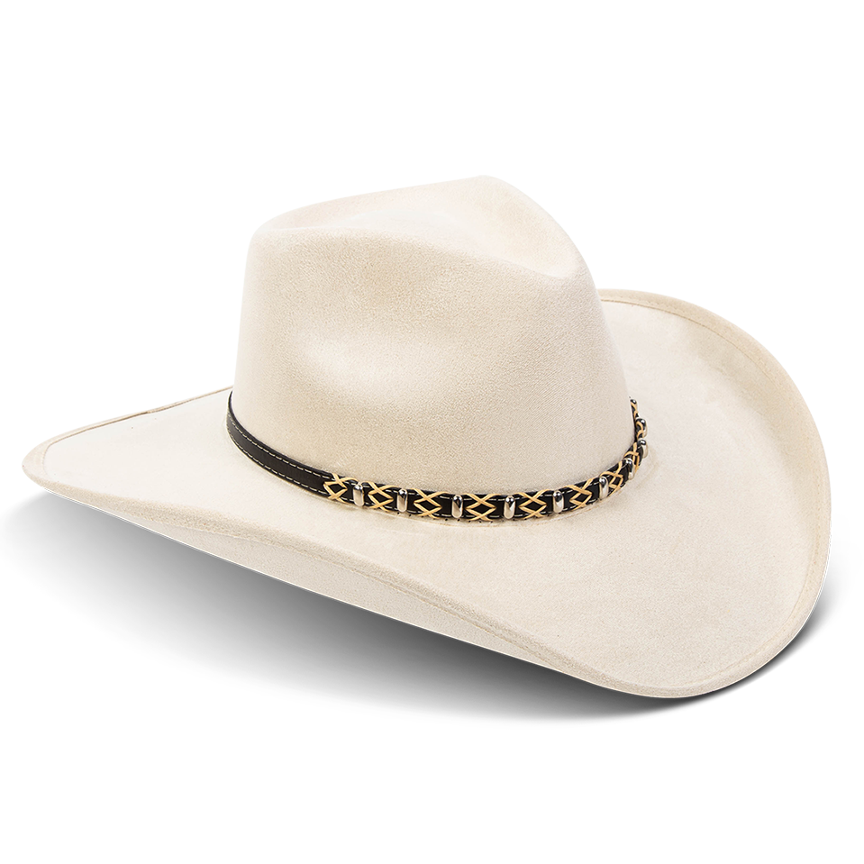 Jones beige side view showing upturned-brim on FREEBIRD western cowboy hat featuring teardrop crown and braided leather band