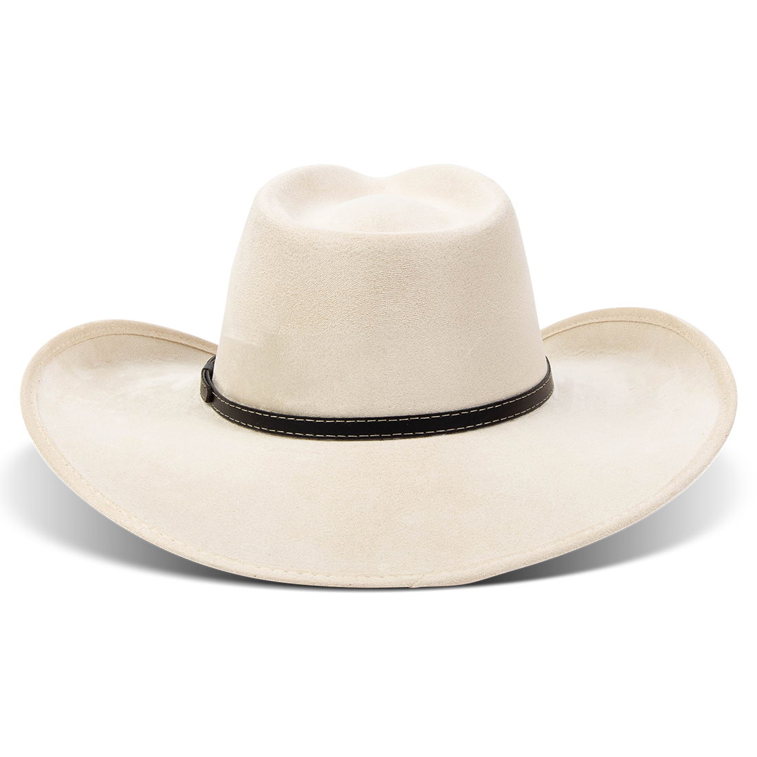 Jones beige back view showing braided leather band on FREEBIRD western cowboy hat featuring teardrop crown and upturned-brim