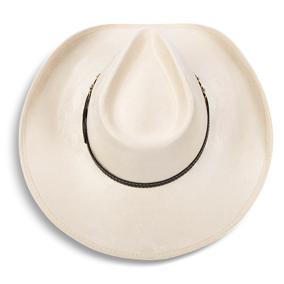 Jones beige top view showing teardrop crown on FREEBIRD western cowboy hat featuring upturned-brim and braided leather band