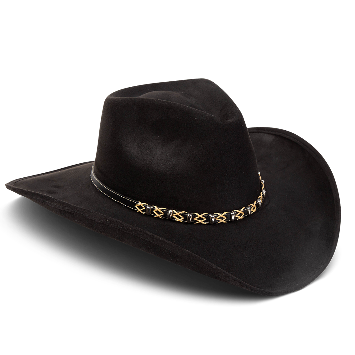 Jones black side view showing upturned-brim on FREEBIRD western cowboy hat featuring teardrop crown and braided leather band