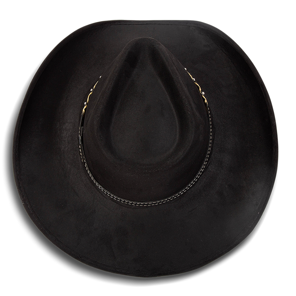 Jones black top view showing teardrop crown on FREEBIRD western cowboy hat featuring upturned-brim and braided leather band